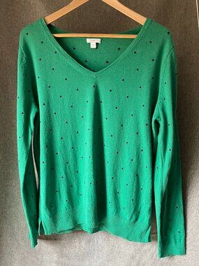 J Jill Kelly Green Polka Dot Long Sleeve V-Neck Cotton Blend Sweater Size L
